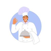chef sorridente in uniforme con un piatto d'argento in mano, facendo un gesto ok. piatto. illustrazione vettoriale. vettore