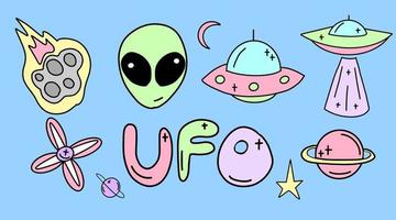raccolta vettoriale di ufo, alieni e oggetti spaziali disegnati in stile piatto. illustrazione dello spazio per bambini.