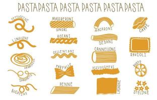 set di pasta tipo disegnato a mano. collezione disegnata a mano di doodle di maccheroni di variazione diversa. vettore