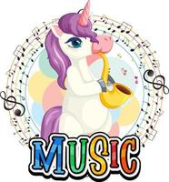 carino unicorno viola che soffia sassofono con note musicali su sfondo bianco vettore