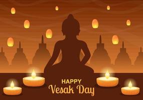 celebrazione del giorno di vesak con la silhouette del tempio, la decorazione del fiore di loto, la lanterna o la persona di buddha nell'illustrazione piana del fondo del fumetto per la cartolina d'auguri vettore