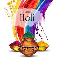 felice holi card con schizzi gulal e arcobaleno vettore