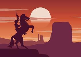cowboy e cavallo in piedi sulla scogliera all'ora del tramonto vettore