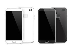 smartphone in bianco e nero moderno isolato. parte anteriore e posteriore dell'illustrazione dello smartphone vettoriale. vista posteriore del mockup del telefono cellulare. vettore