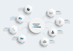 modello di infografica vettoriale con etichetta di carta 3d, cerchi integrati. concetto di affari con 8 opzioni. per contenuto, diagramma, diagramma di flusso, passaggi, parti, infografiche della sequenza temporale, flusso di lavoro, grafico.