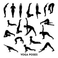 set di pose yoga. sagome di donna nera. illustrazione vettoriale. concetto di sport vettore