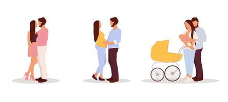 fasi della relazione. uomo e donna in attesa di un bambino e in una passeggiata con un passeggino. set di illustrazione vettoriale