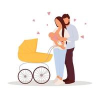 mamma e papà stanno passeggiando con un bambino nel passeggino. allattamento al seno. mamma che tiene il suo neonato. illustrazione vettoriale