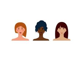 avatar ritratto di afroamericano, asiatico ed europeo. donne con diversi colori della pelle. elemento di design per striscioni sul tema della tutela dei diritti delle donne. illustrazione vettoriale, piatto vettore