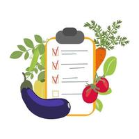 illustrazione vettoriale piatta del concetto di lista della spesa di cibo sano. verdure sane per un pasto equilibrato con vitamine, erbe aromatiche e prodotti freschi. grafica vettoriale.