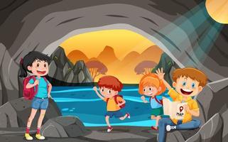 bambini che esplorano la grotta della natura vettore