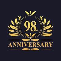 Design del 98° anniversario, lussuoso logo dell'anniversario dei 98 anni di colore dorato. vettore