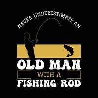 vecchio con un disegno di una maglietta con una canna da pesca vettore