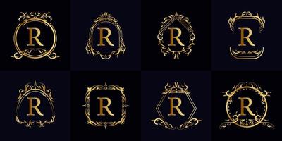 logo iniziale r con ornamento di lusso o cornice floreale, collezione di set. vettore