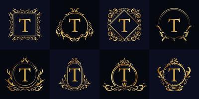 collezione di set di logo t iniziale con cornice di ornamento di lusso. design del modello di logo minimalista, creativo, semplice, elegante e moderno. vettore
