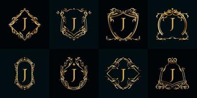 logo iniziale j con ornamento di lusso o cornice floreale, collezione di set. vettore