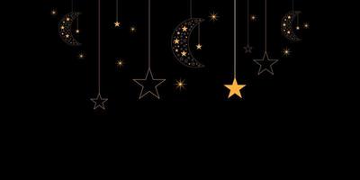 concetto di celebrazione del ramadan kareem. luna dorata e stella splendente appese su sfondo nero per un banner, sito Web. sfondo in stile islamico. festa e festival musulmano.