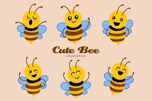 set di carino ape miele animale con diverse pose cartoon clipart infantile piccola mascotte ape design piatto vettore