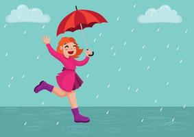 una bambina carina con un vestito rosa e stivali con un grande ombrello rosso-arancio che cammina sotto la pioggia battente. vettore
