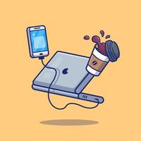 illustrazione dell'icona di vettore del fumetto del computer portatile, del telefono e del caffè. tecnologia cibo e bevande icona concetto isolato vettore premium. stile cartone animato piatto