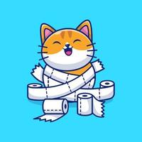simpatico gatto con rotolo di carta igienica. illustrazione dell'icona di vettore del fumetto. vettore premium isolato concetto di icona medica animale. stile cartone animato piatto