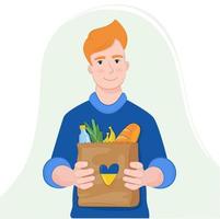 illustrazione vettoriale uomo con un sacchetto di cibo. sostegno per l'Ucraina