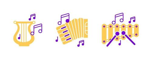 set di icone di fisarmonica, strumento arpa, xilofono e note musicali. icona di intrattenimento e musica. set di strumenti a corda. set di righe modificabili. set di icone colorate.