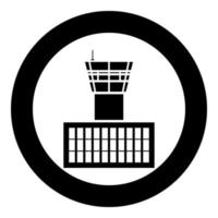 torre di controllo dell'aeroporto edificio dell'aeroporto icona della torre di controllo del volo in cerchio nero colore nero illustrazione vettoriale immagine in stile piatto