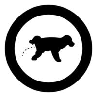 pissing dog cucciolo pissing pet pissing con la gamba sollevata icona in cerchio rotondo colore nero illustrazione vettoriale immagine in stile piatto
