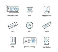 scheda video, alimentatore, ram, ssd e set di icone del disco. questa icona è un insieme di simboli per le parti del computer. icona colorata della scheda del computer. tratto modificabile. logo, web e app. vettore