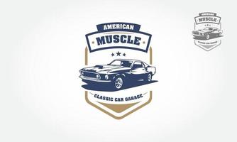 design del logo del garage per auto d'epoca muscolo americano. questo logo può essere utilizzato per garage di auto d'epoca o d'epoca, negozi, riparazioni, restauri. vettore
