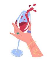 mano che tiene un bicchiere di vino. applausi o brindisi. bicchiere di vino rosso in mano femminile. celebrazione del successo. ideale per la stampa di cartoline e poster. illustrazione vettoriale moderna del fumetto.