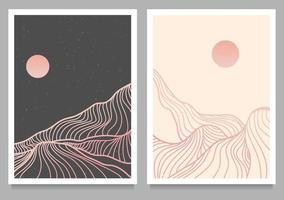 set di stampe creative e minimaliste moderne. paesaggi di sfondi estetici contemporanei di montagna astratta. con montagna, foresta, mare, orizzonte, onda. illustrazioni vettoriali