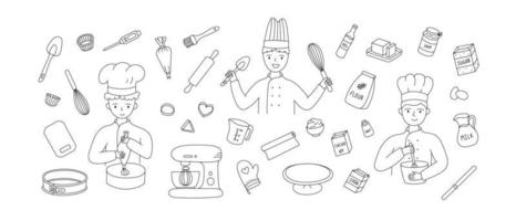 set disegnato a mano di stoviglie da cucina con persone chef. stile di schizzo di scarabocchio. elementi da forno. illustrazione per icona, menu, design di ricette. vettore