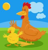 felice cartone animato gallina animale da fattoria carattere con pulcino vettore
