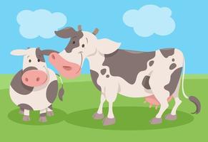 personaggio animale della fattoria della mucca maculata del fumetto con il vitello vettore