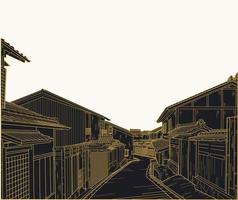 famosa linea di costruzione arte, disegno vettoriale della costruzione di un villaggio giapponese.
