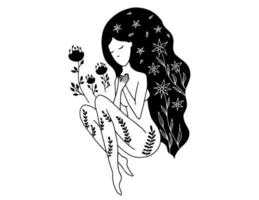donna misteriosa con composizione floreale vettore