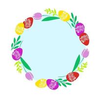 illustrazione corona di Pasqua con fiori primaverili tulipano e uovo di Pasqua vettore