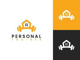 modello di logo di personal trainer, concetto di casa e manubri vettore