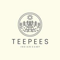 teepee con badge e design del modello dell'icona del logo in stile line art. indiano, accampamento, nativo, america, sole, albero, illustrazione vettoriale