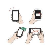 illustrazione vettoriale disegnata a mano della mano che tiene smartphone su sfondo bianco. nuovo messaggio, notifiche, fumetto sul telefono.