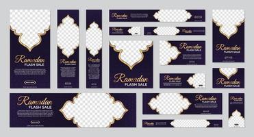 modello di kit di promozione vendita ramadan con stile arabo. set di design del modello di banner web di vendita ramadan. illustrazione vettoriale
