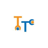 icona del logo della lettera t che forma una chiave inglese e un design a bullone vettore