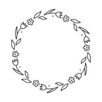 corona floreale primaverile isolata su sfondo bianco. cornice rotonda con fiori. illustrazione disegnata a mano di vettore in stile doodle. perfetto per biglietti, inviti, decorazioni, loghi, disegni vari.