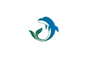 pesce delfino dell'oceano che salta con il vettore di progettazione di logo della coda della foglia verde