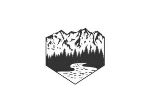 montagna di ghiaccio con pino cedro conifera sempreverde cipresso larice abeti foresta e fiume torrente per avventura all'aria aperta distintivo emblema timbro logo design vettore