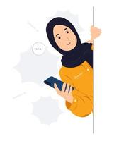 donna musulmana che tiene il telefono e sbircia dietro il muro mentre è spaventata, scioccata, sorpresa, curiosità, ascolto, scoperta e prestare attenzione illustrazione del concetto