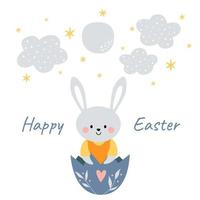coniglietto kawaii carino, coniglio in guscio d'uovo con luna, stelle e nuvole. Buona Pasqua. clipart affascinanti per cartoline, stampe, banner, modelli, social media, web. illustrazione del fumetto di vettore. vettore