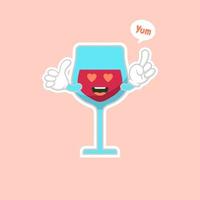 bicchiere di vino rosso carino e kawaii, design del personaggio dei cartoni animati. mascotte dell'alcool. vetro trasparente. illustrazione vettoriale piatta isolata su sfondo colorato